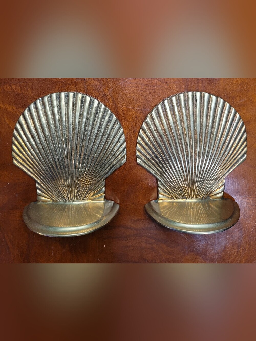 Vintage 1970s Solid Brass Hollywood Regency Shell Bookends Pair
